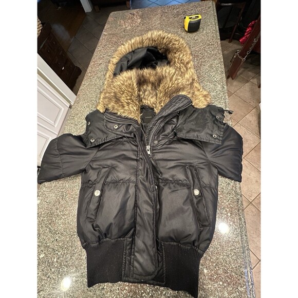 Y2K jacket zip Fur Hood Puffer Jacket XS Crop Bomber Black Down Express - Picture 2 of 14
